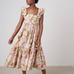 Cara Cara Darby Dress Tropical Bird Blush Pink Floral Cotton Ruffle Size Medium